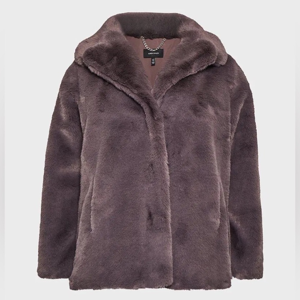 Karen Millen Sz 10 Wide Collar Faux Fur Coat Gray Purple Luxury short Teddy